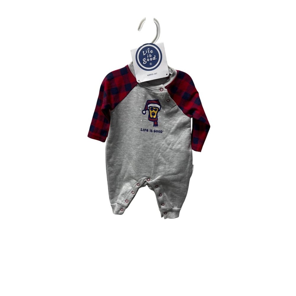 Life is Good Dog Christmas Romper Hat Set Bodysuit Unisex Infant Size 0-3mo